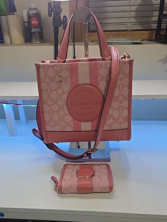 Coach Handbags - Coach Pink Dempsey 22 nwot   Signature Stripe Satchel with Crossbody Strap